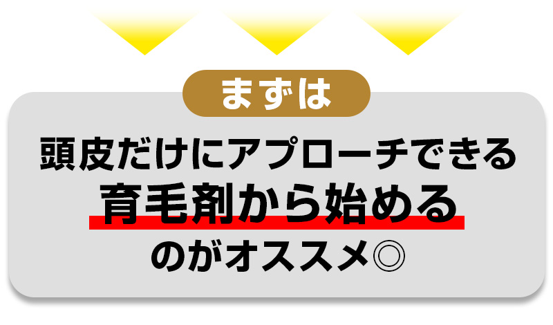 まずは、頭皮だけにアプローチできる育毛剤から始めるのがオススメ。